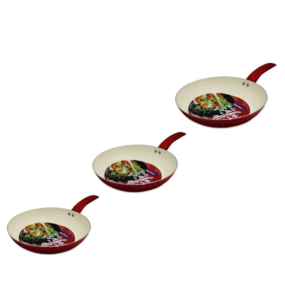 Kit 3 Frigideiras 22cm + 24cm + 26cm com Revestimento em Cerâmica Vermelho (Ideal Para Fritar Alimentos Sem Óleo)