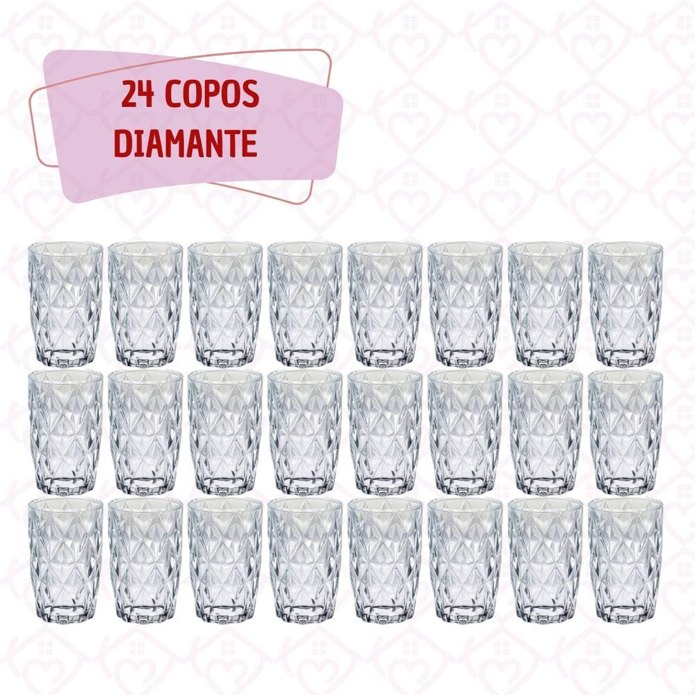 Jogo 24 Copos 370ml Vidro Transparente Diamante Resistente