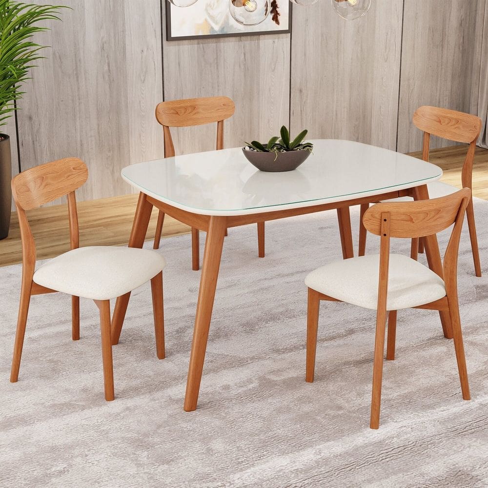 Conjunto Sala de Jantar Mesa 135x80cm Tampo em Mdf com Vidro 4 Cadeiras Ceci Natural/Off White