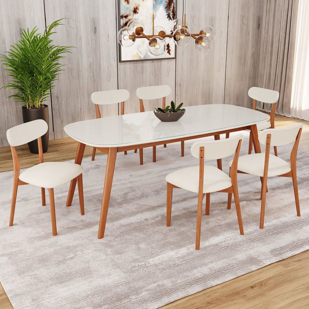 Conjunto Sala de Jantar Mesa 180x80cm Tampo em Mdf com Vidro 6 Cadeiras Ceci Yescasa Natural/Off White