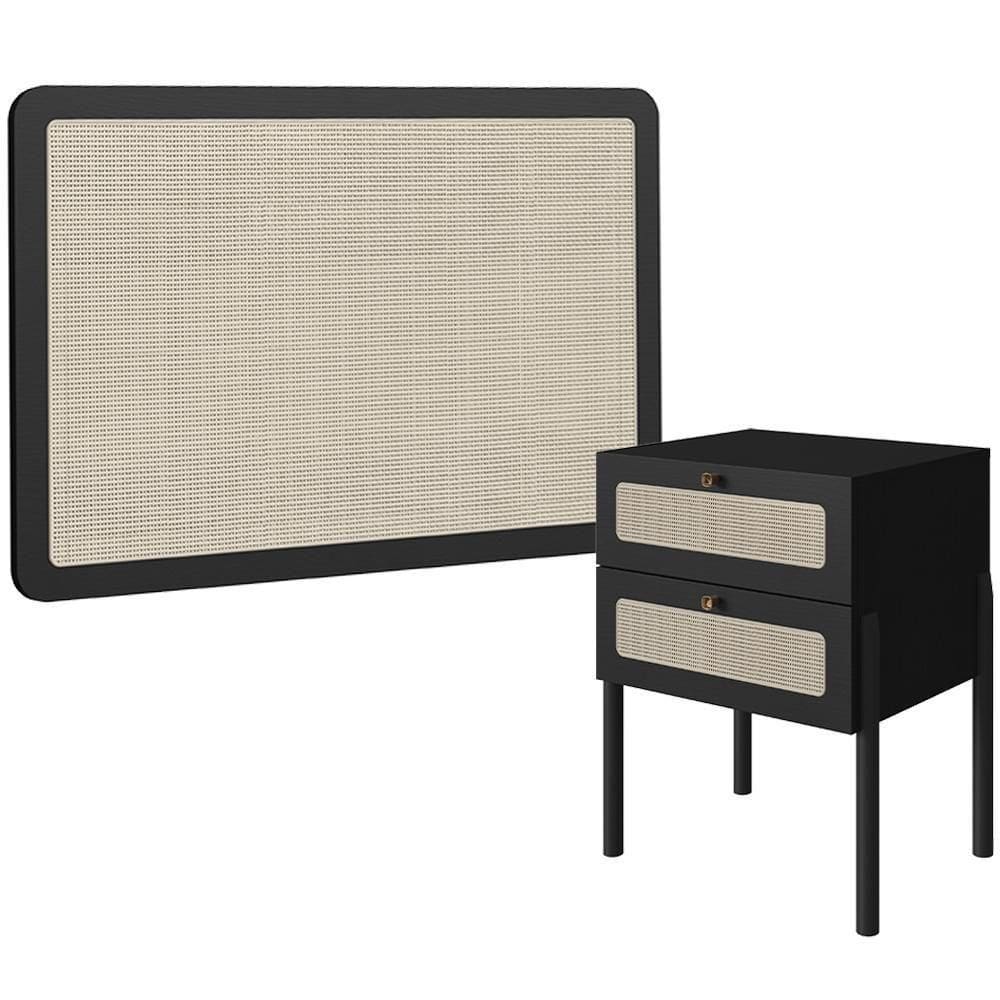 Cabeceira Solteiro 90cm E 1 Mesa Lateral 2 Gavetas Madeira Moss A03 Nero Preto