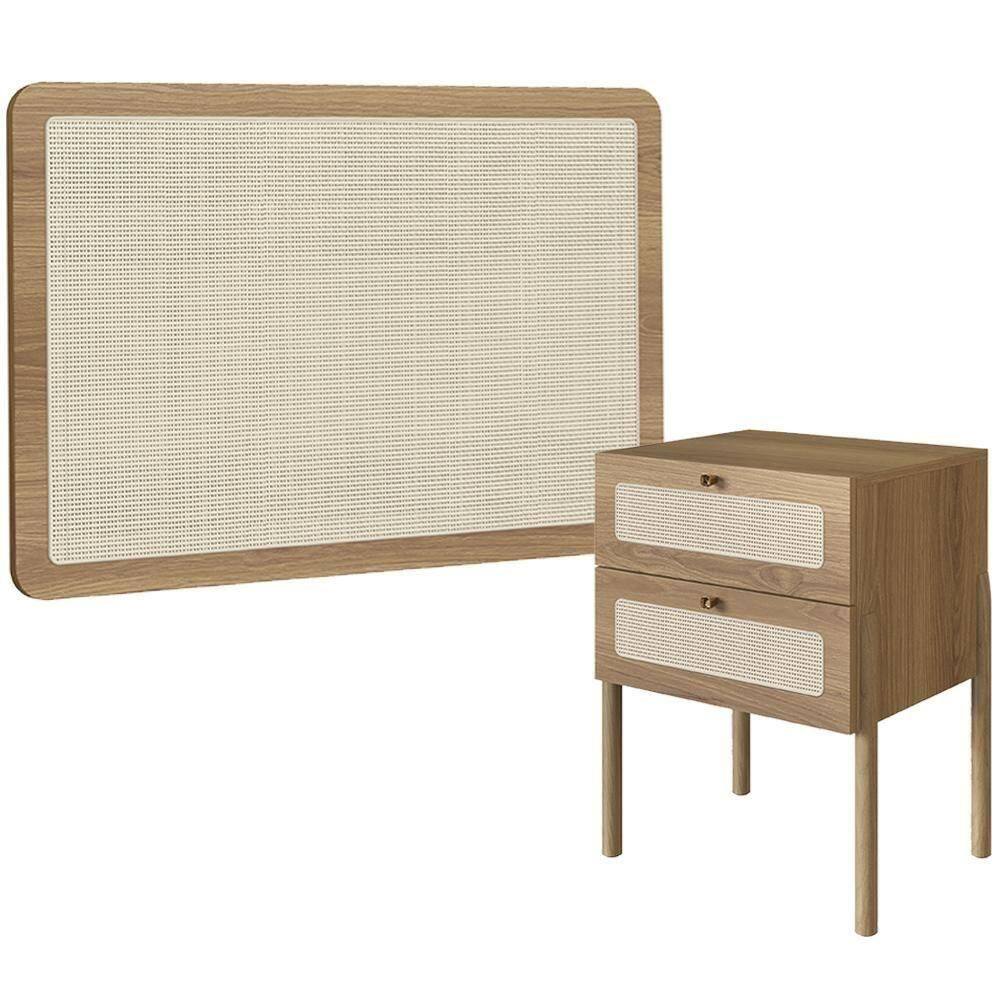 Cabeceira Solteiro 90cm E 1 Mesa Lateral 2 Gavetas Madeira Moss A03 Hanover Roble