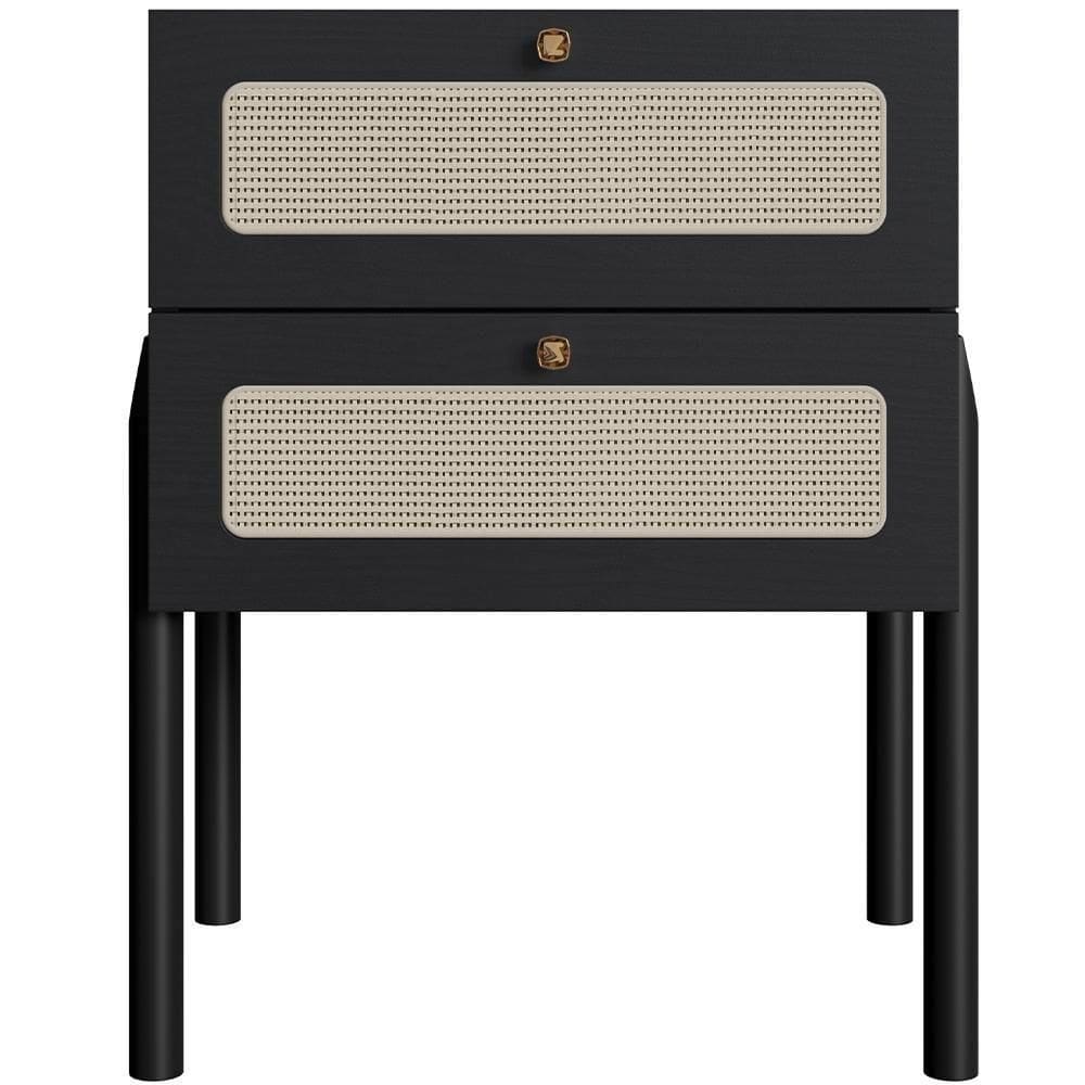 Mesa De Cabeceira 02 Gavetas Com Telinha Pés Madeira Moss A03 Nero Preto