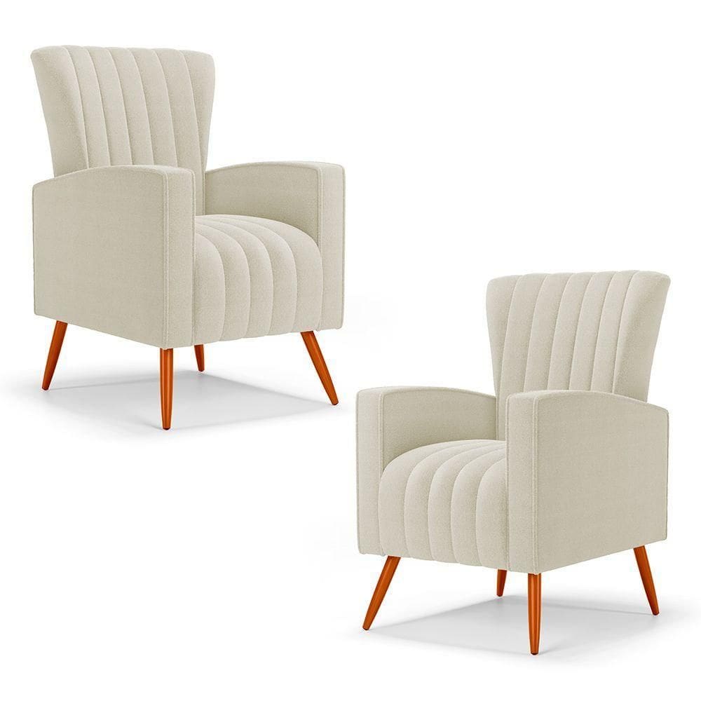 Kit 02 Poltronas Decorativas Melody Com Pés Palito Bouclê Bege - Desk Design