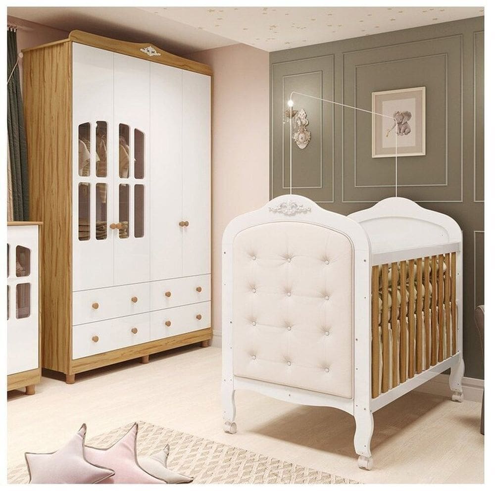 Quarto de Bebê Guarda-roupa com Janelas e Berço com Capitonê Maya Clássico 100% Mdf Espresso Móveis Branco Brilho/Amêndoa/Branco