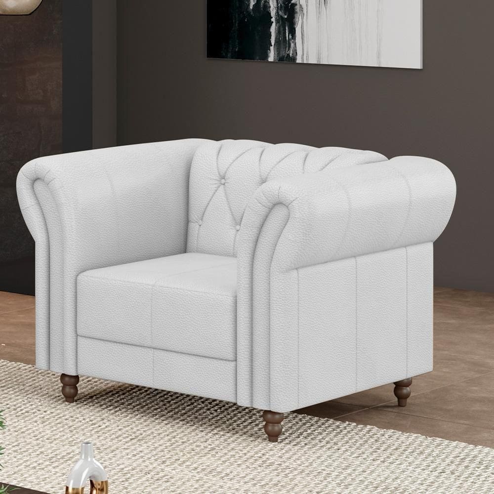 Poltrona Decorativa Stanford Chesterfield Pés De Madeira Couro Branco G58 Gran Belo