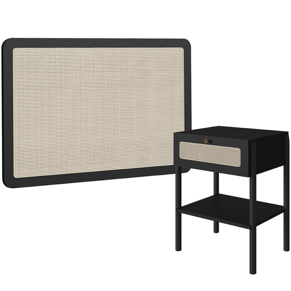 Cabeceira Solteiro 90cm E 1 Mesa Lateral 1 Gaveta Madeira Moss A03 Nero Preto