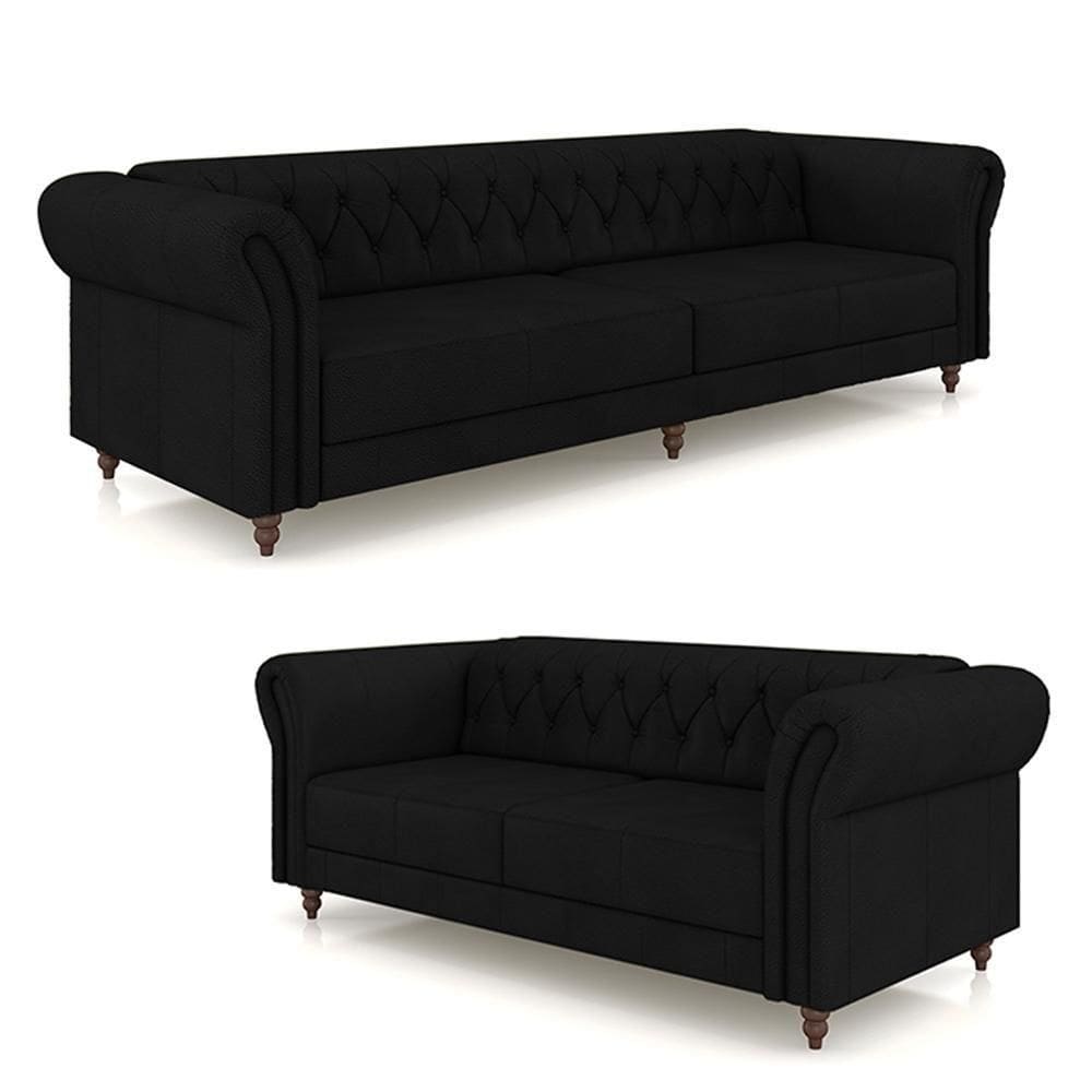 Conjunto De Sofá Stanford Chesterfield 2 E 3 Lugares 180cm-260cm Pés Madeira Couro Preto G58 Gran Belo