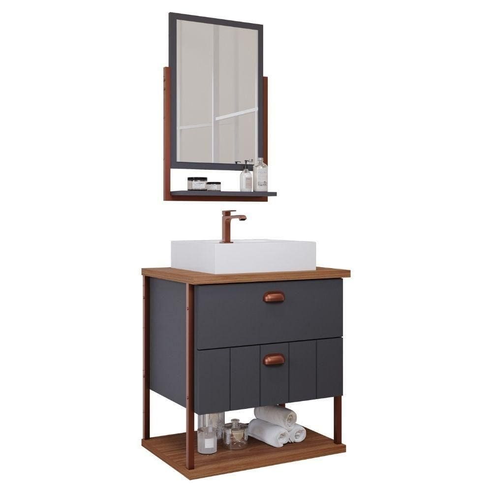 Gabinete Para Banheiro 60 Cm 100% Mdf 2 Gavetas C/ Espelheira Uni Mgm Móveis Titânio/freijo Titanium/freijo
