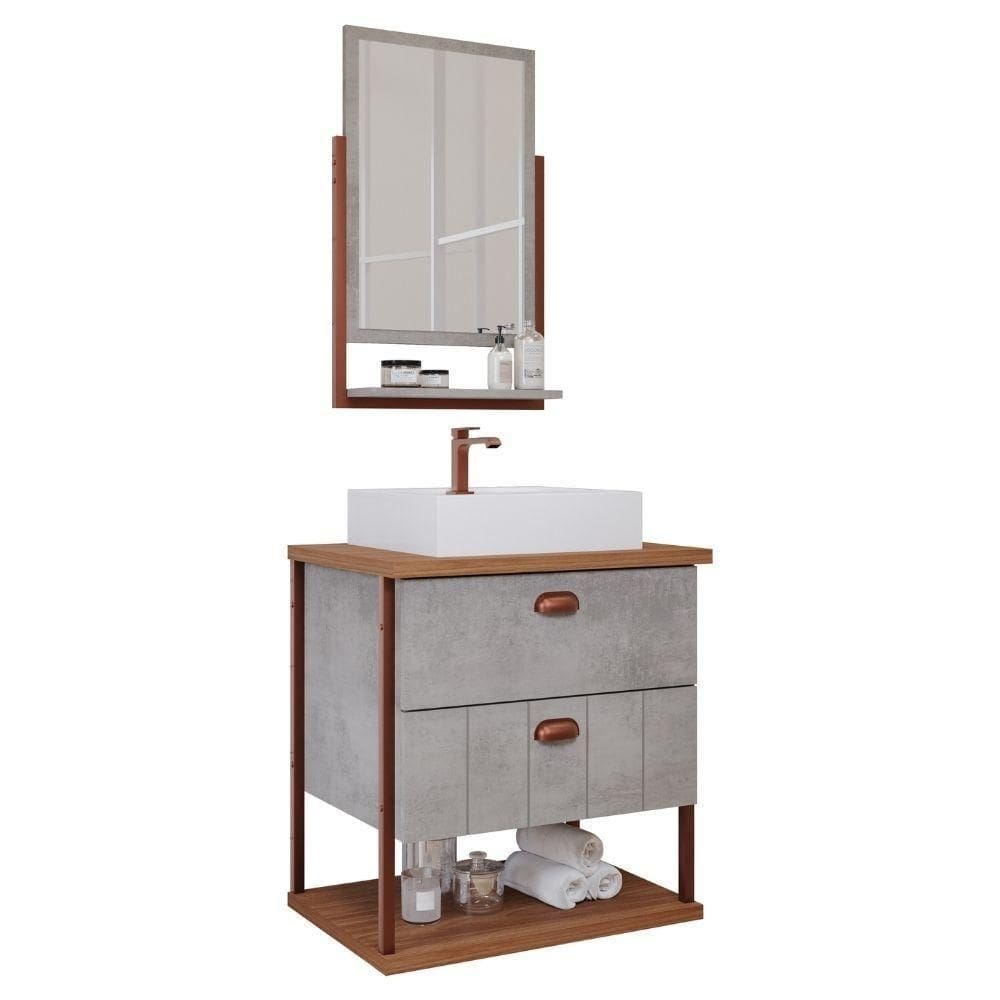 Gabinete Para Banheiro 60 Cm 100% Mdf 2 Gavetas C/ Espelheira Uni Mgm Móveis Cimento/freijo Cimento/freijo