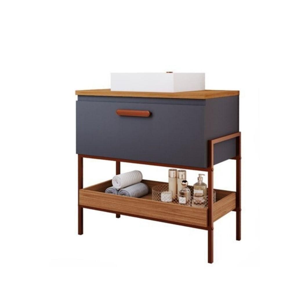 Gabinete Para Banheiro 80 Cm 100% Mdf 1 Porta Basculante Portinari Mgm Móveis Titânio/freijo Titanium/freijo