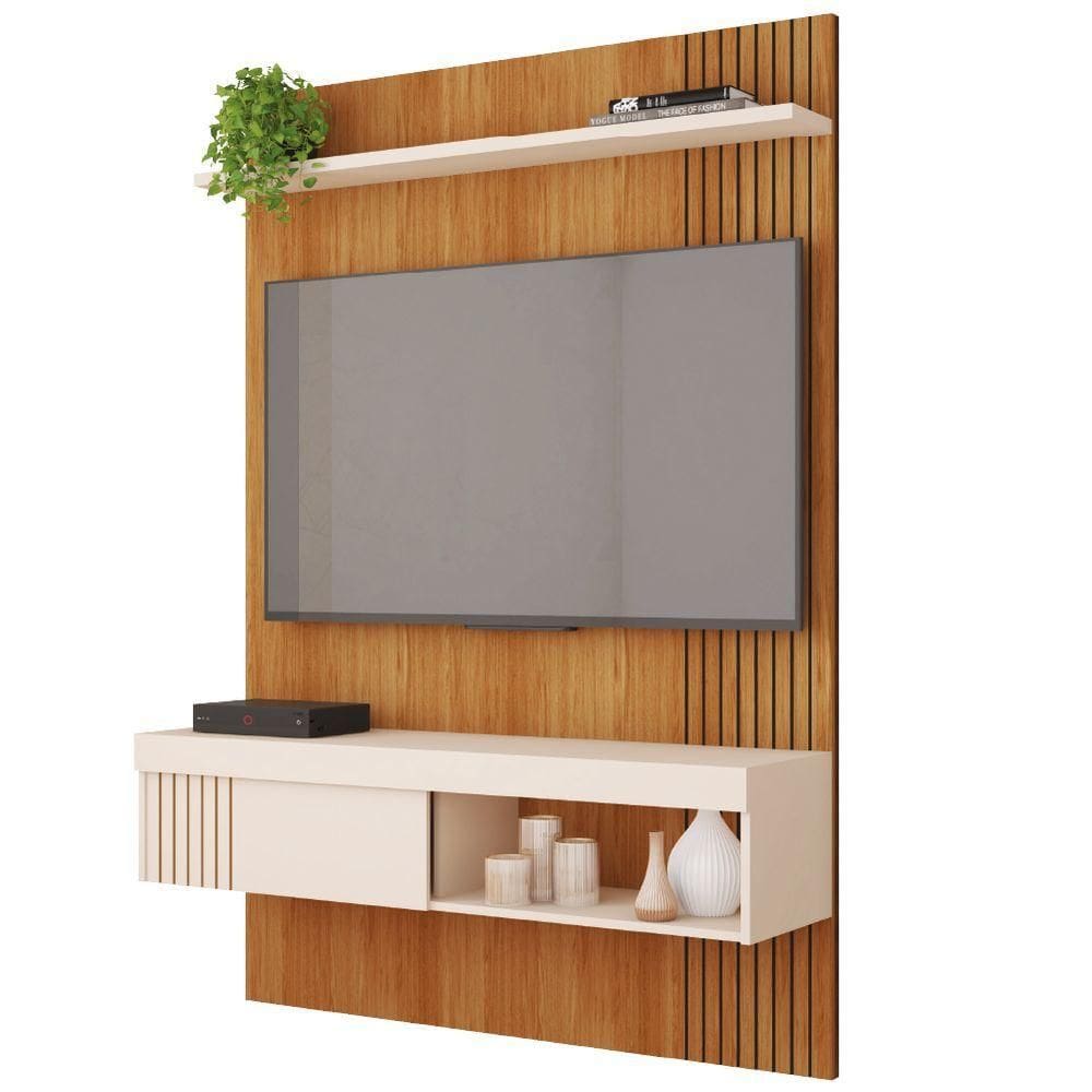 Painel Ripado Para Tv Até 45 Polegadas Com Prateleira E Nicho Manu Madeirado/off White Caemmun Freijo Off