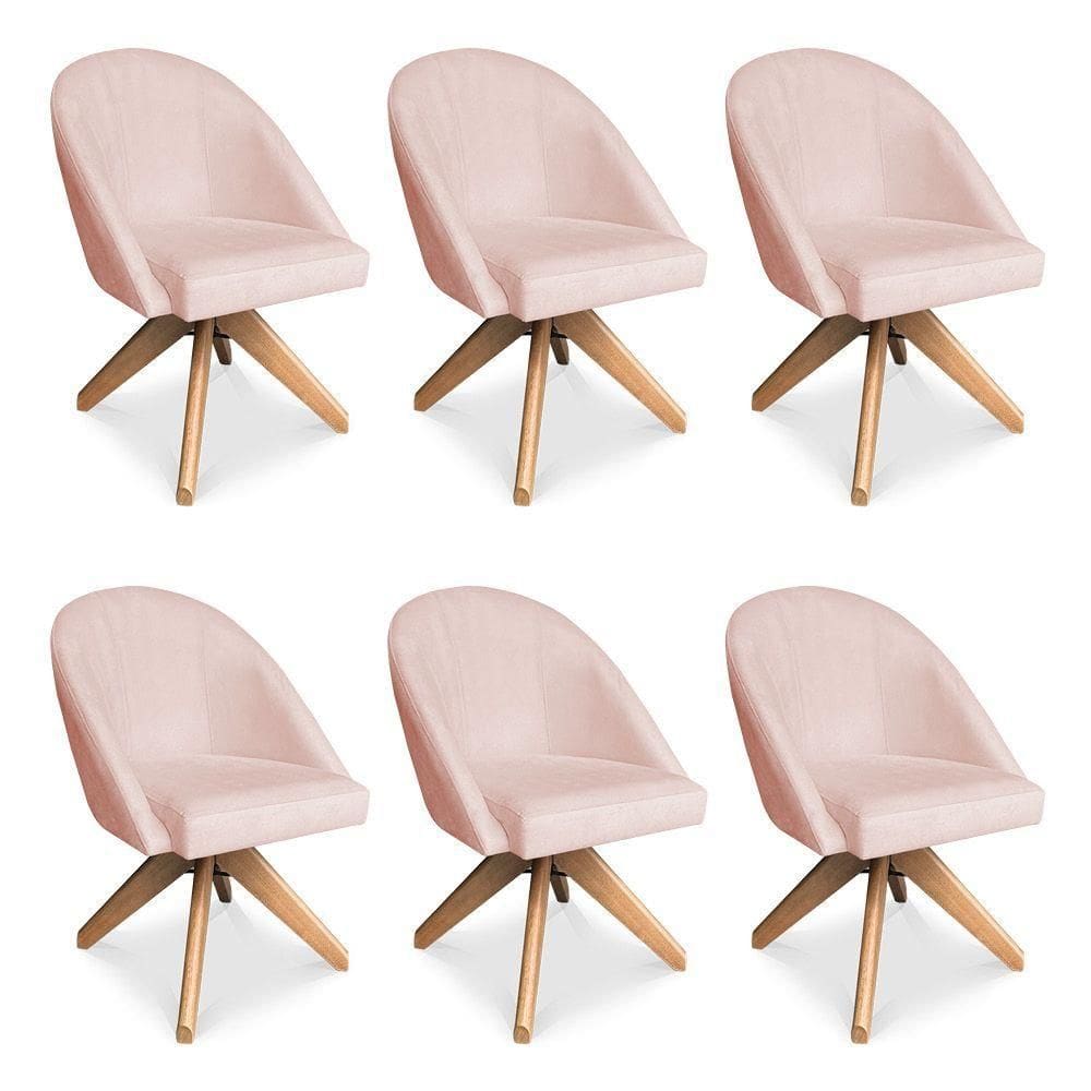 Kit 06 Poltronas Cadeira Giratória Bela Suede Rosa Bebê Base De Madeira - Pallazio