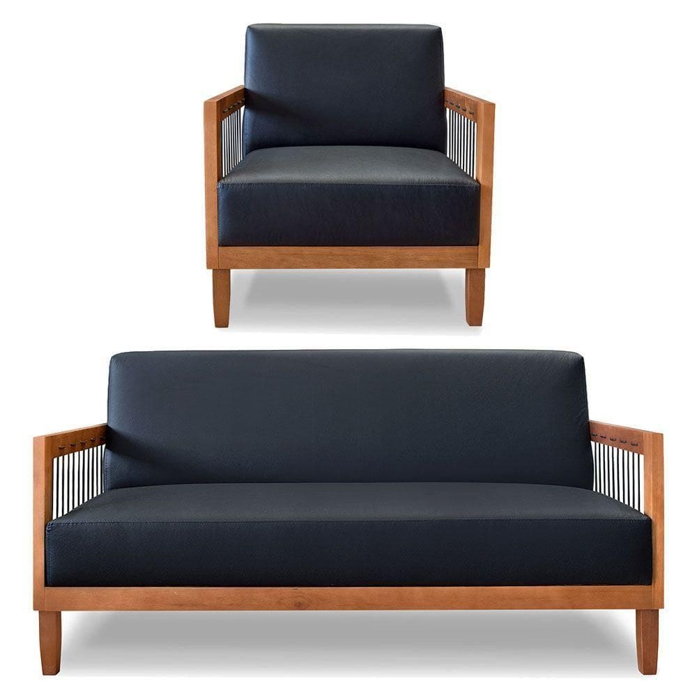 Kit Poltrona E Sofá Living 2 Lugares Marilia 1,60m Corano Preto Base Em Madeira Castanho - Pallazio