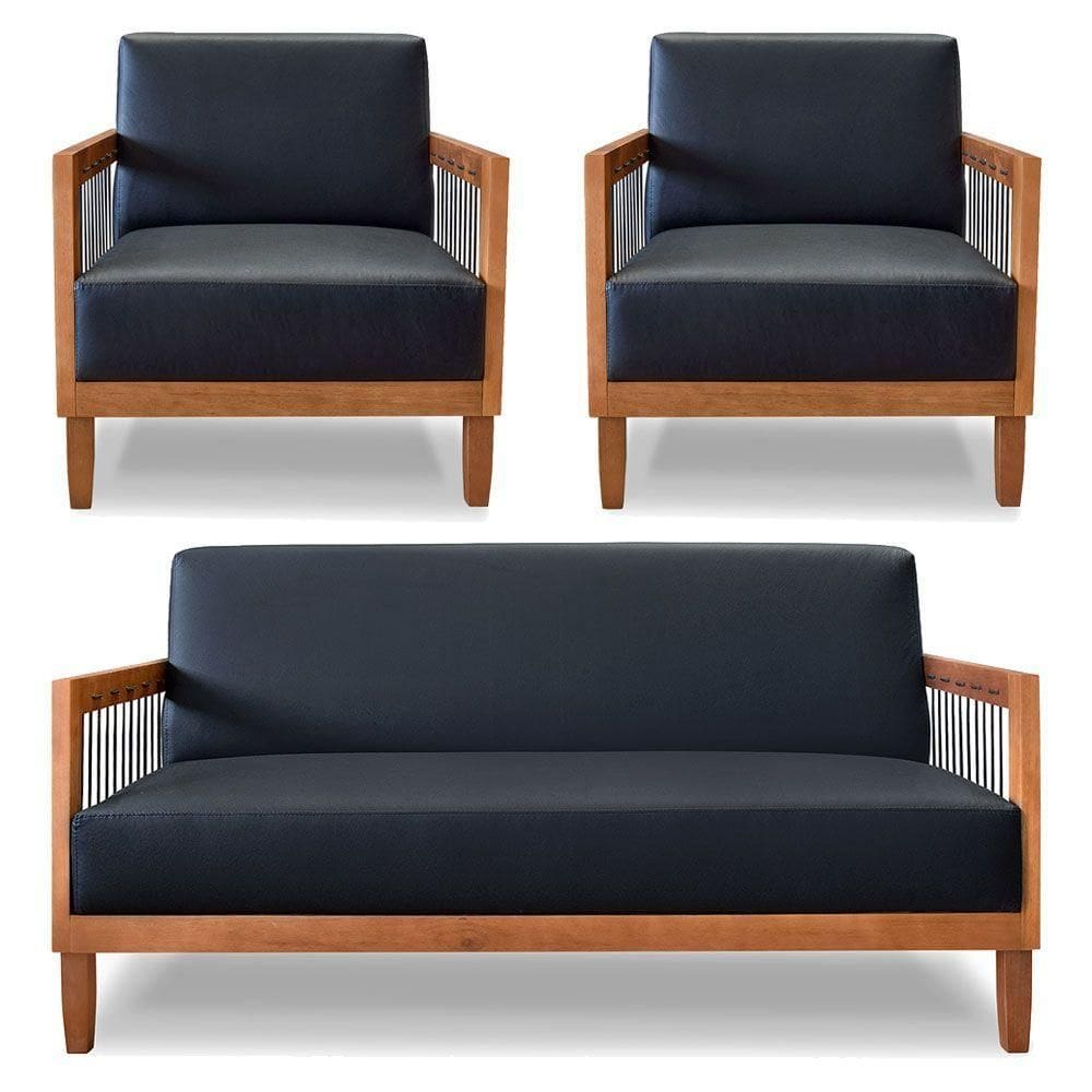 Kit 2 Poltronas E Sofá Living 2 Lugares Marilia 1,60m Corano Preto Base Em Madeira Castanho