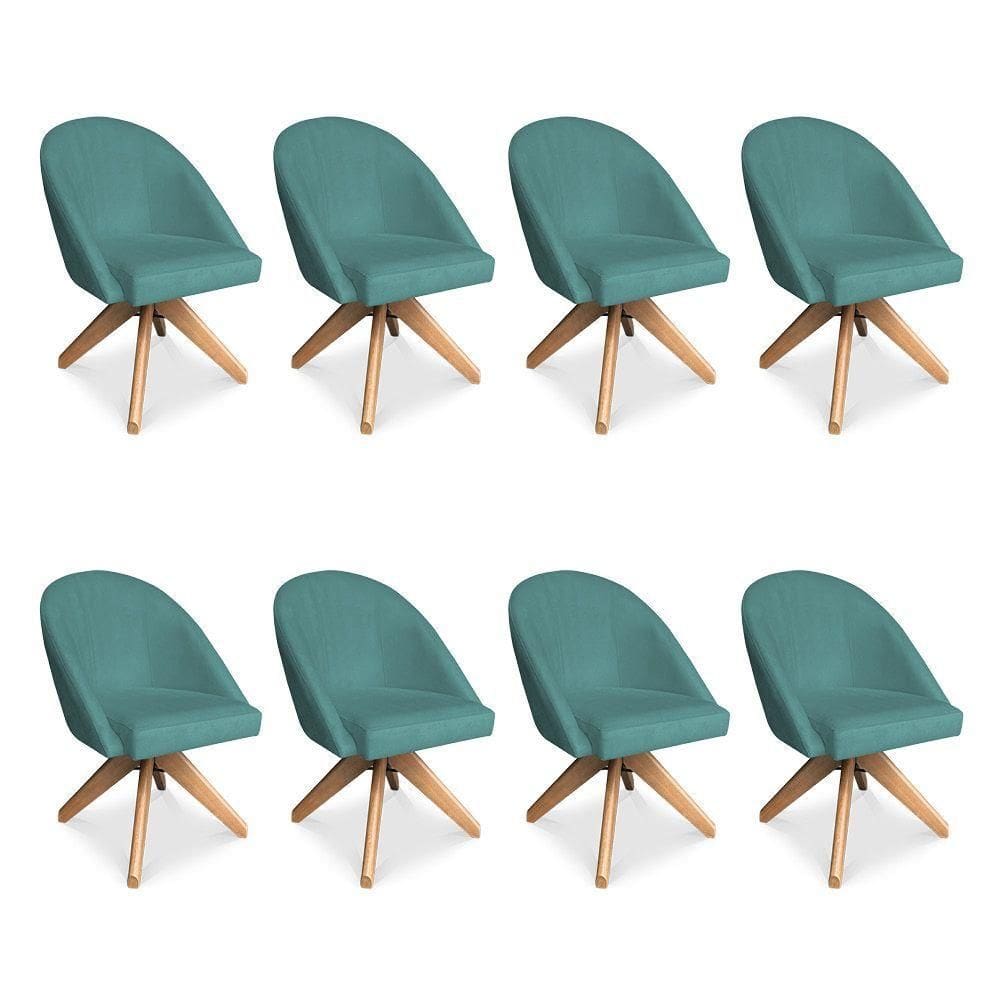 Kit 08 Poltronas Cadeira Giratória Bela Suede Base De Madeira - Pallazio Azul Turquesa