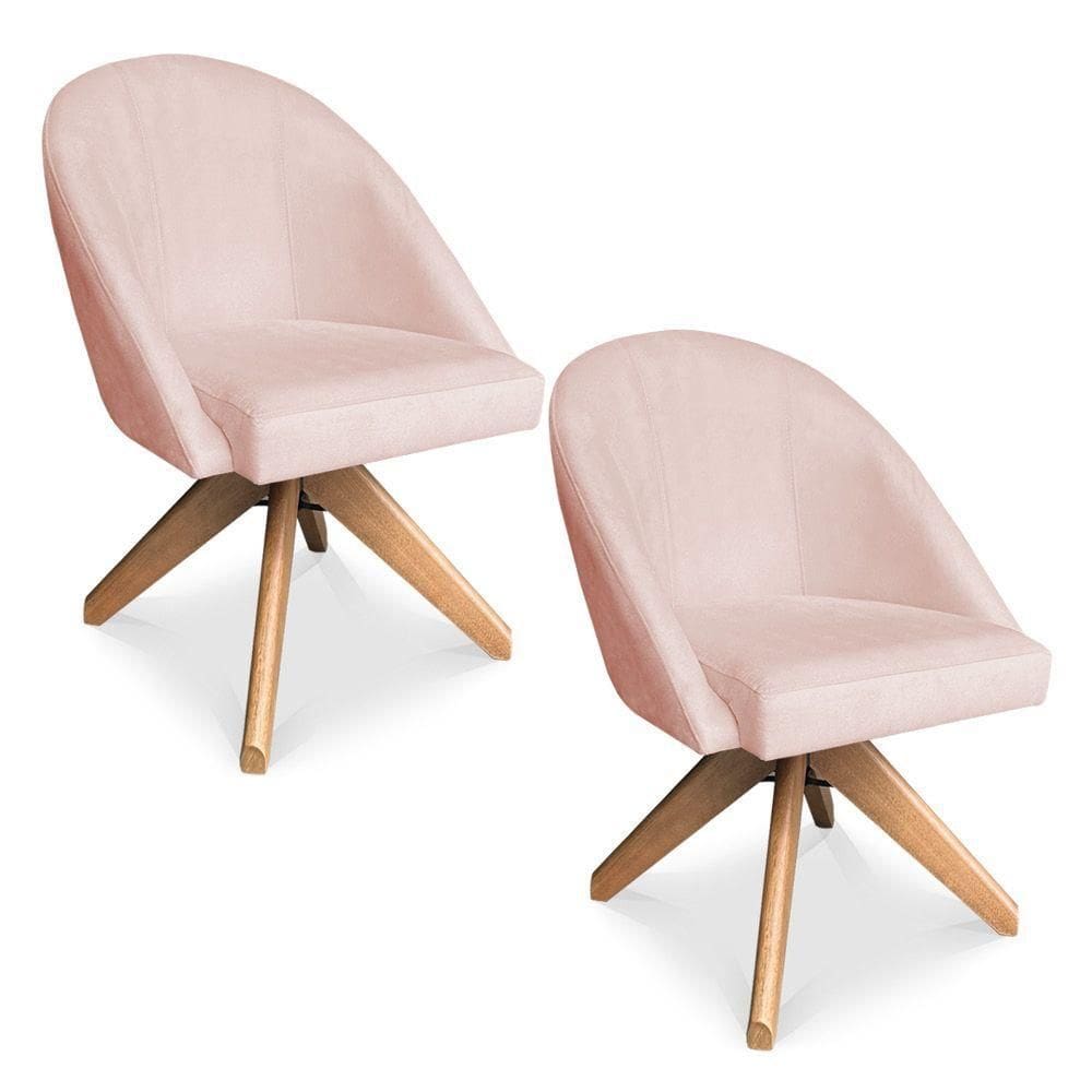 Kit 02 Poltronas Cadeira Giratória Bela Suede Base De Madeira - Pallazio Rosa Bebê