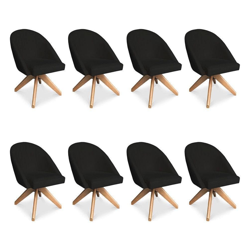 Kit 08 Poltronas Cadeira Giratória Bela Suede Preto Base De Madeira - Pallazio
