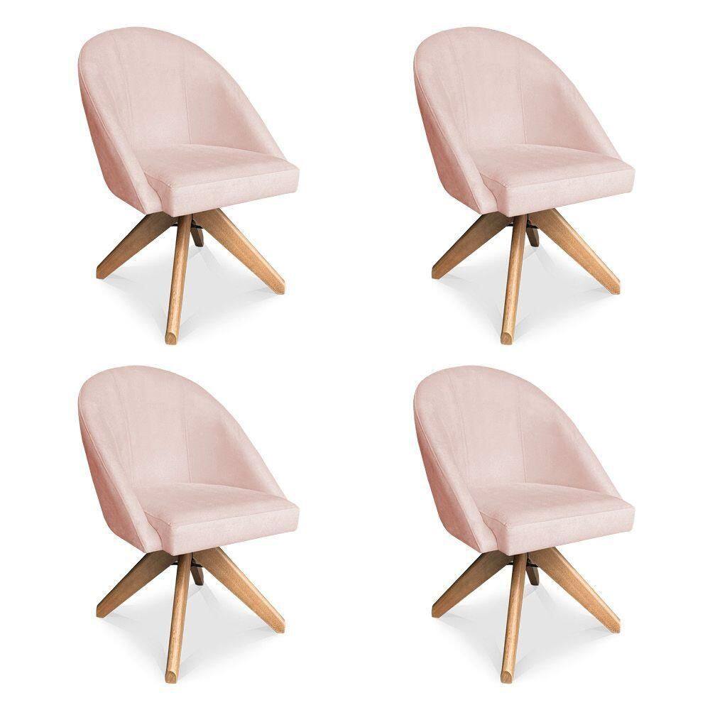 Kit 04 Poltronas Cadeira Giratória Bela Suede Rosa Bebê Base De Madeira - Pallazio