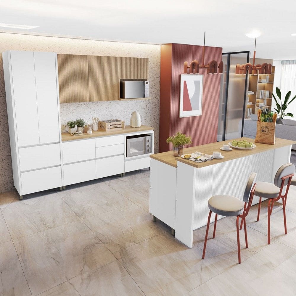 Cozinha Completa Rainha 8 Portas 12 Gavetas com Ilha Ripado 100% Mdf Branco/Natural - Nesher