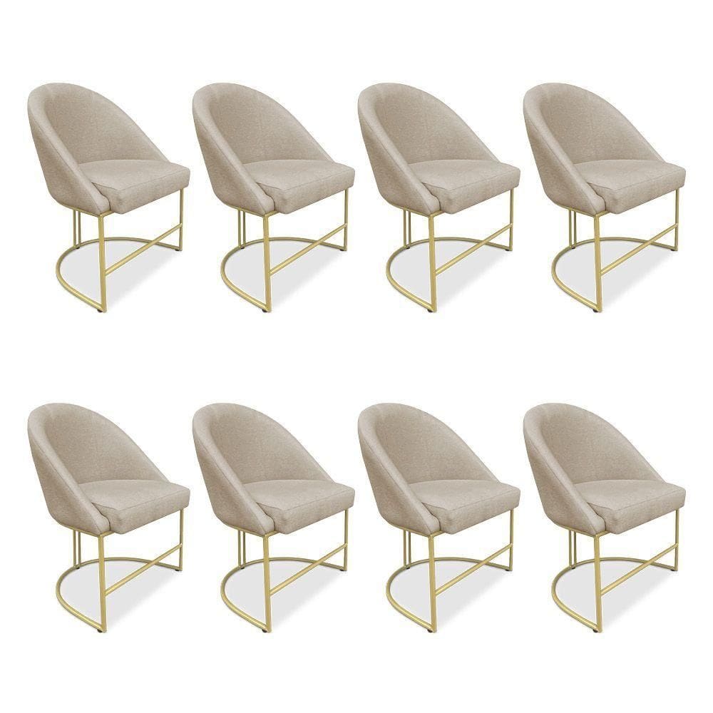 Kit 08 Cadeiras Poltrona De Jantar Bela Suede Bege Base Metálica Industrial Dourado - Pallazio