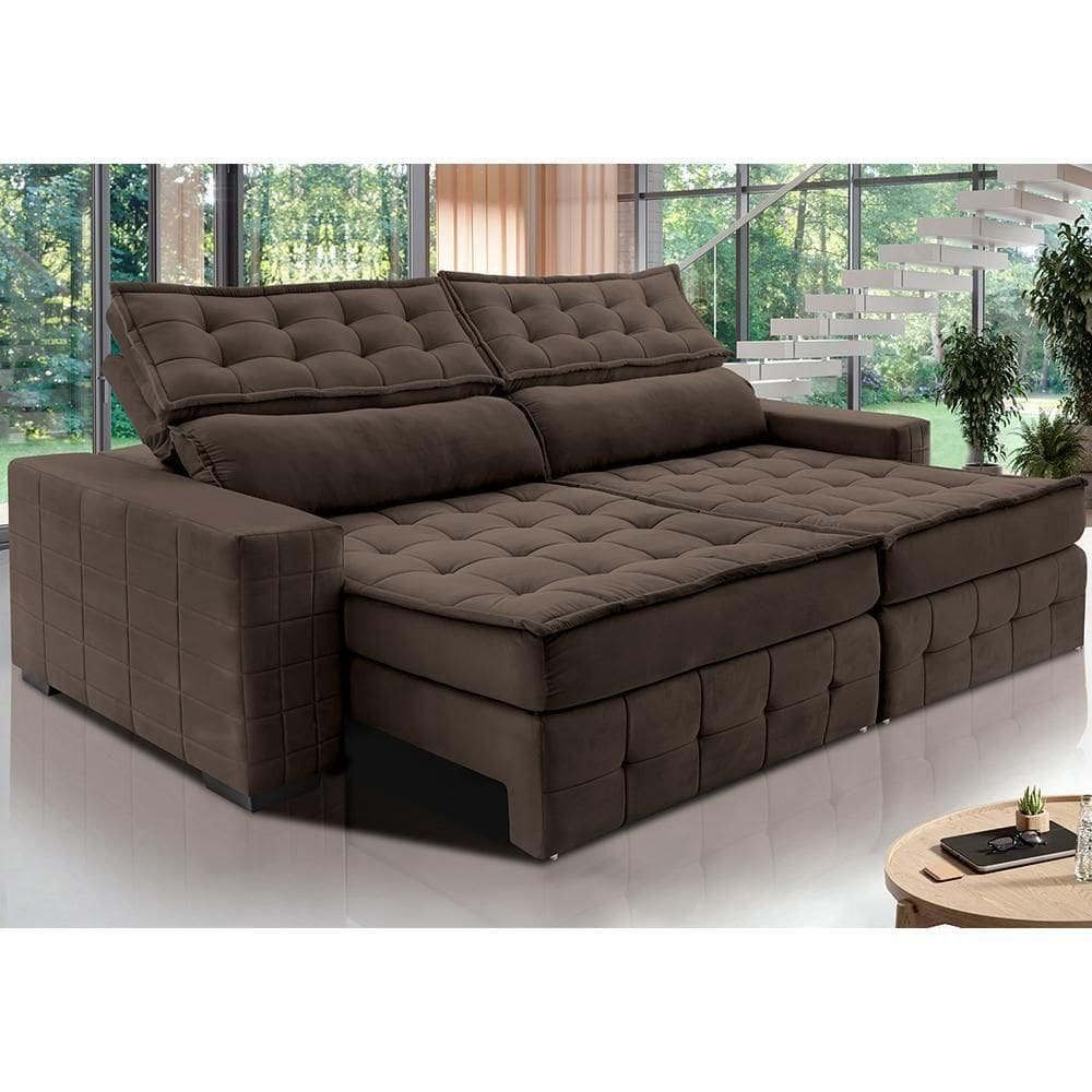 Sofá Retrátil E Reclinável 2,55M Cama Inbox Big Puffer Com Softgel D40 Velupluma Café
