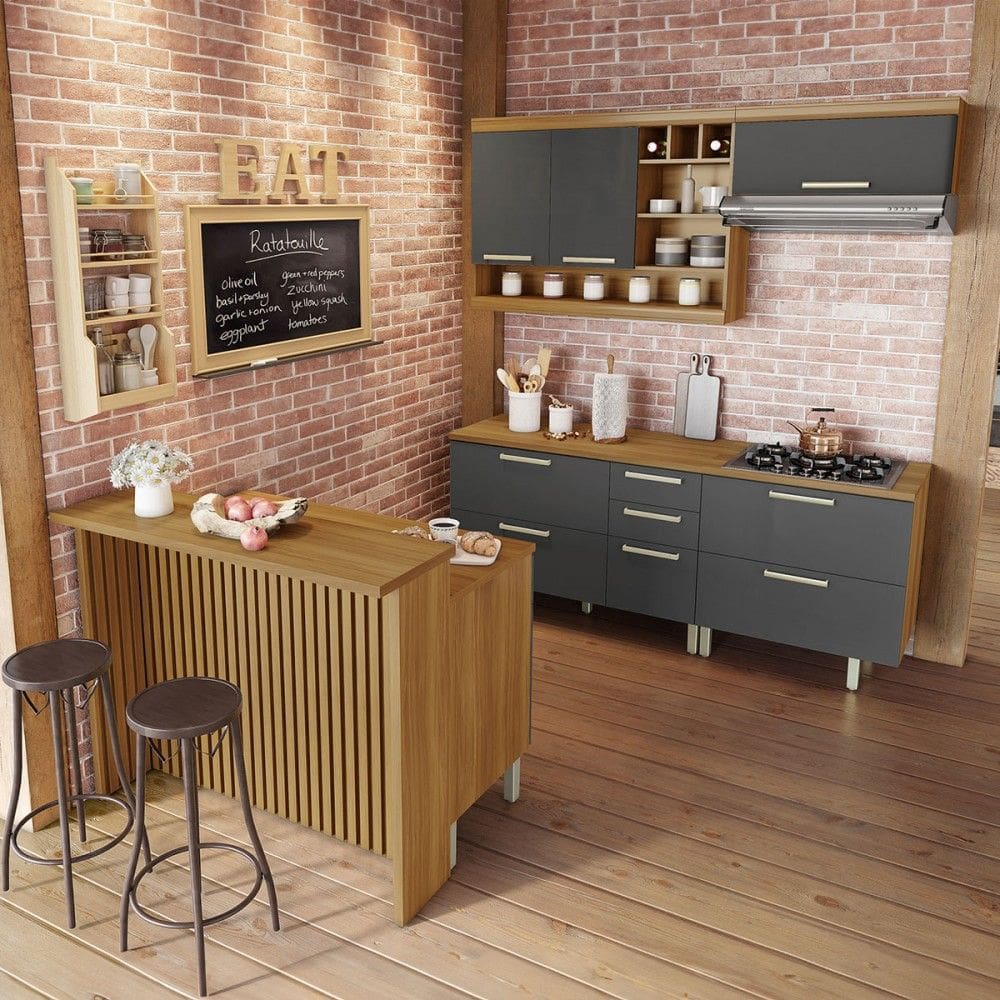 Cozinha Completa Burguesa Gourmet com Ilha 8 Portas 7 Gavetas Ripado 100% Mdf Freijó/Grafite - Nesher