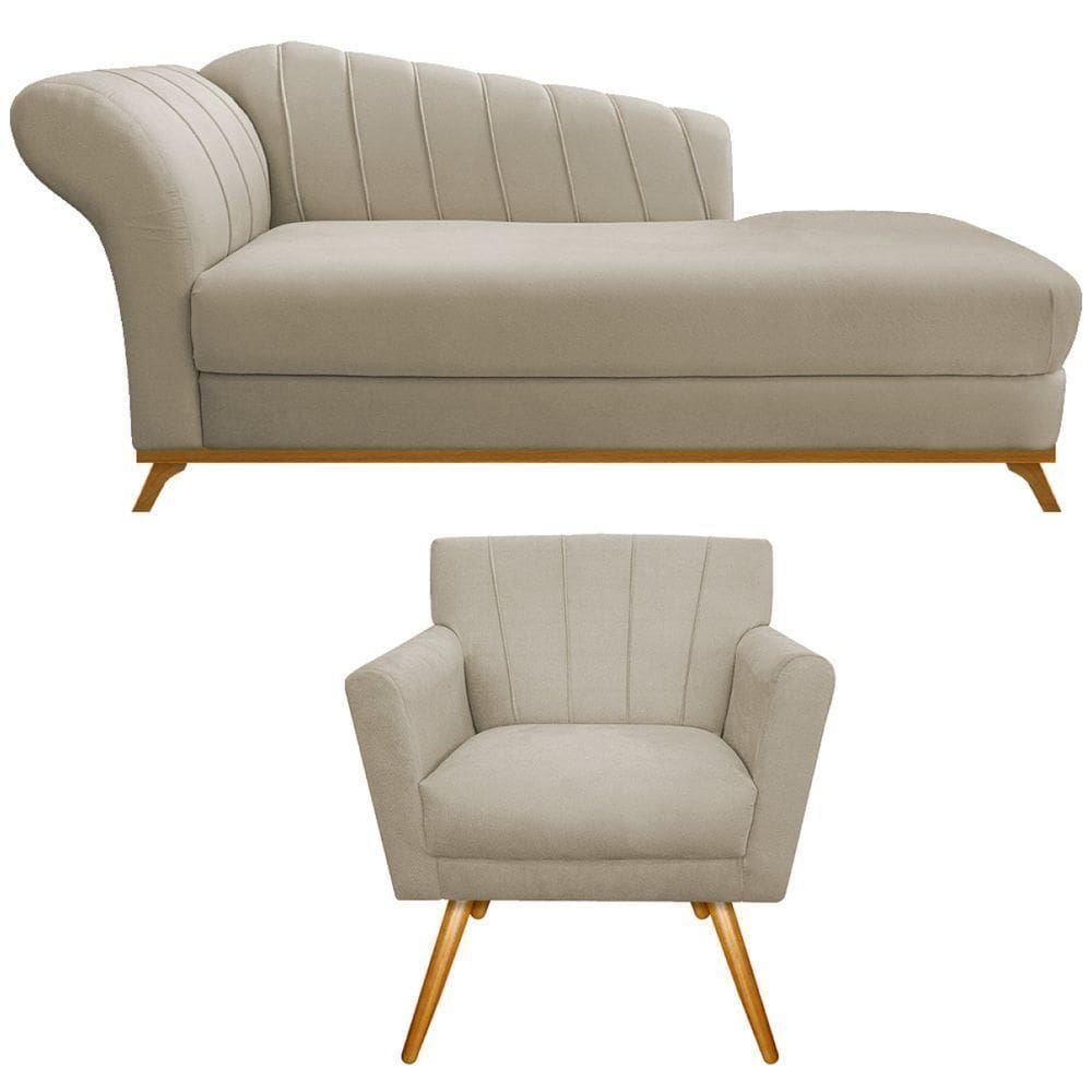 Kit Diva Recamier Vanessa 160cm Lado Direito E 01 Poltrona Laura Suede Cor Bege