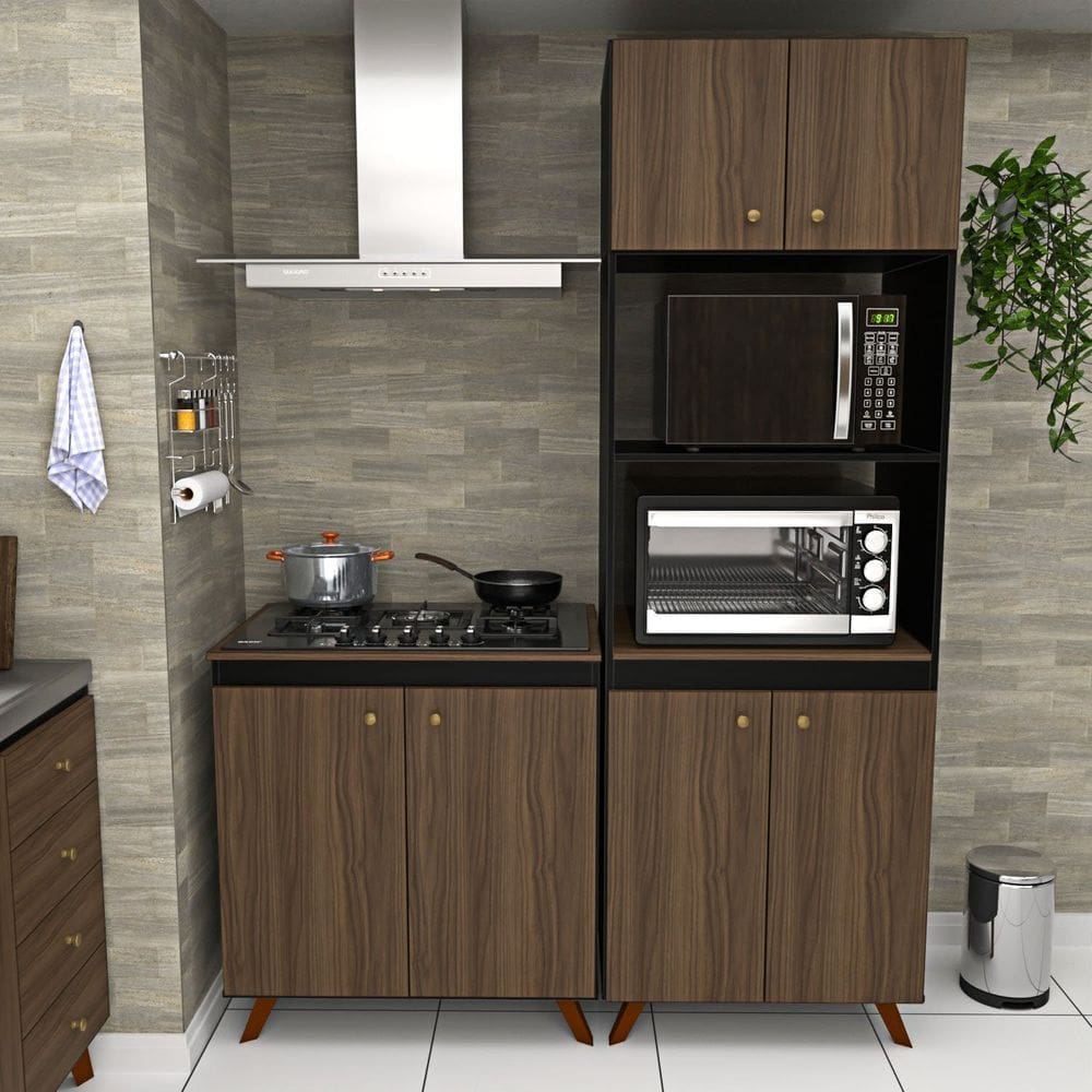 Conjunto Cozinha Modular Balcão Cooktop Torre Quente Nogal / Preto