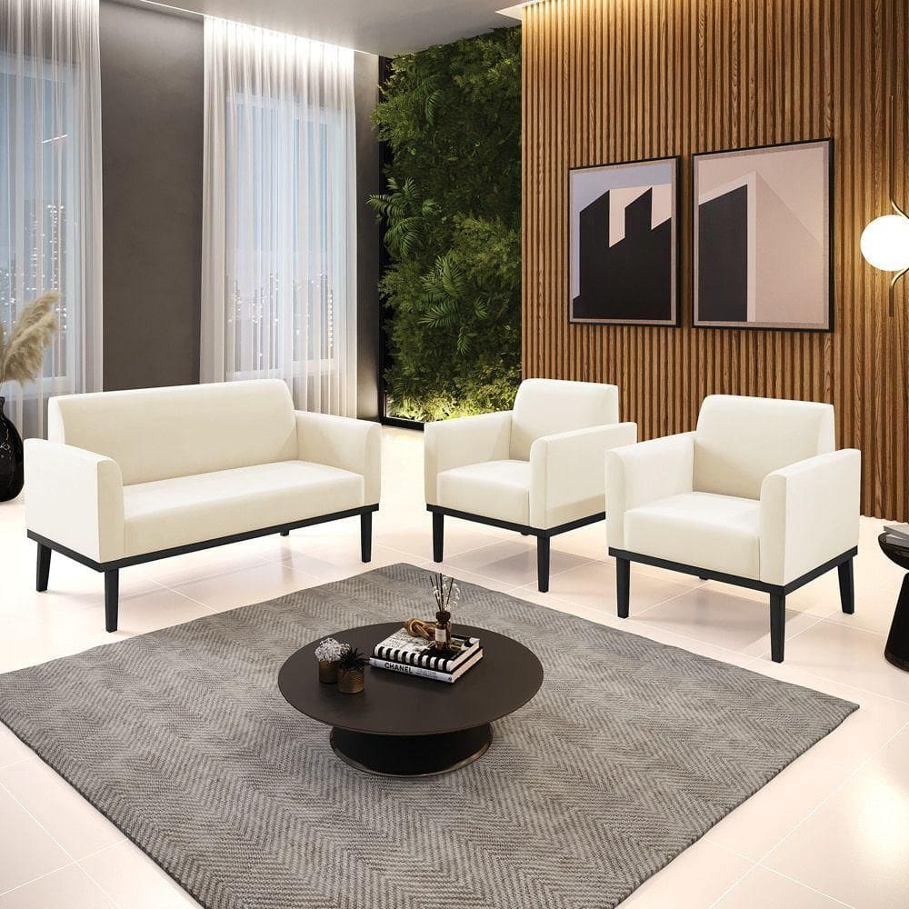 Conjunto 2 Poltronas E 1 Namoradeira Decorativa Pés Fixo Em Madeira Preto Veludo Bege