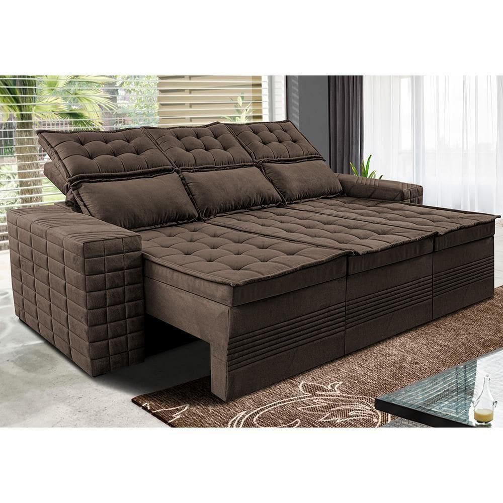 Sofá 3 Lugares Retrátil E Reclinável Cama Inbox Senses 2,00m Velusoft Café