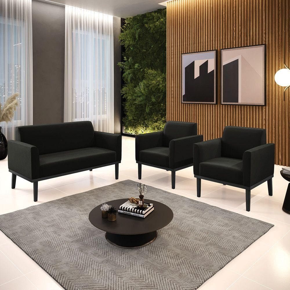 Conjunto 2 Poltronas E 1 Namoradeira Decorativa Pés Fixo Em Madeira Preto Suede Preto