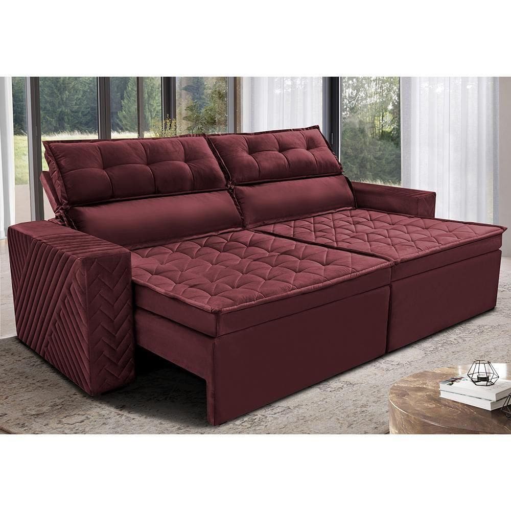 Sofá Retrátil E Reclinável 2,30m Cama Inbox Charm Velusoft Vinho
