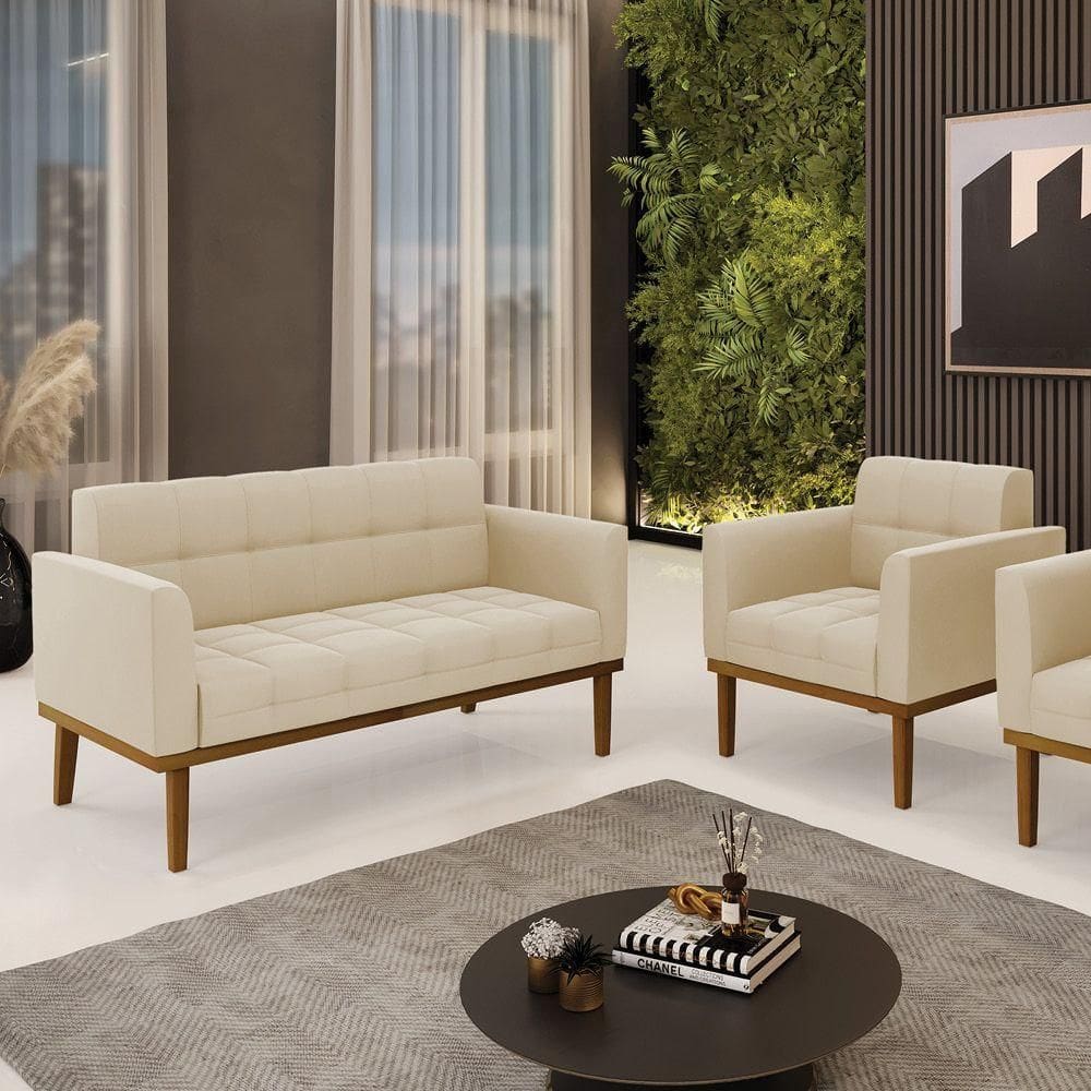 Conjunto Poltrona E Namoradeira Decorativas Pés Fixo Em Madeira Castanho Suede Bege