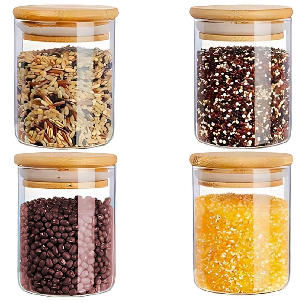Kit 4 Potes Herméticos 450ml Vidro Temperos Mantimentos Tampa De Bambu