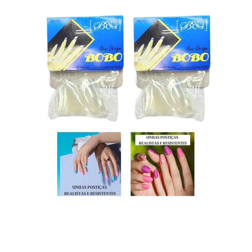 Kit 48 Unhas Postiças Realista Bobo Transparente Quadrada
