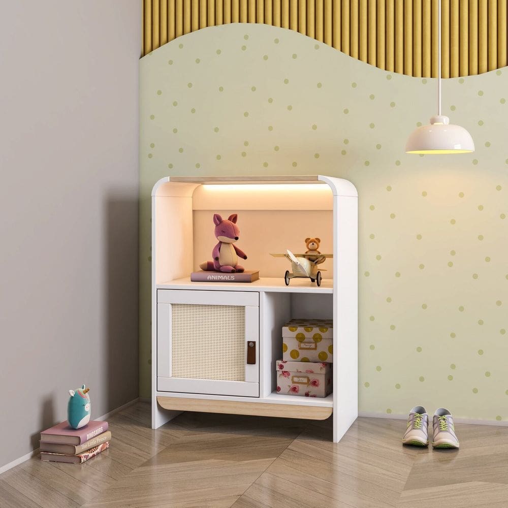 Estante Infantil Wave 1 Porta em Rattan, com Led e 2 Nichos Casatema Branco/Natural