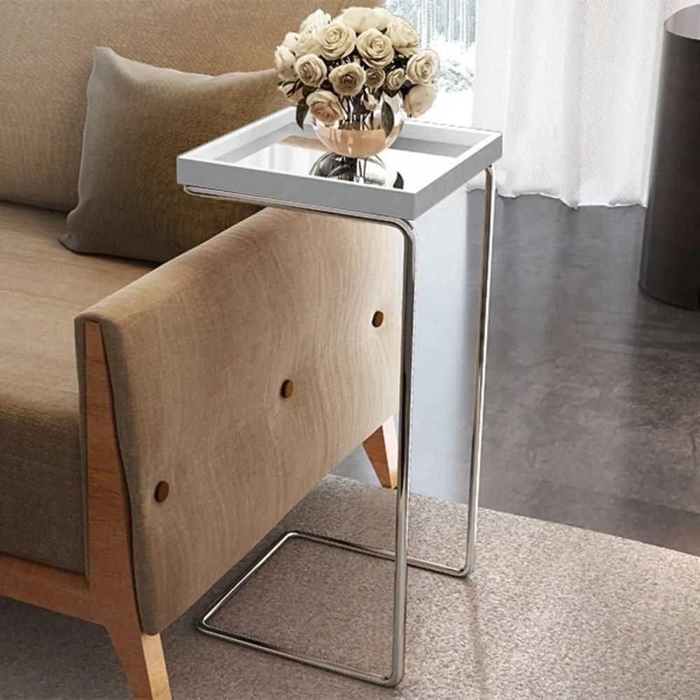 Mesa de Apoio para Sofá Bandeja Espelhada Branco