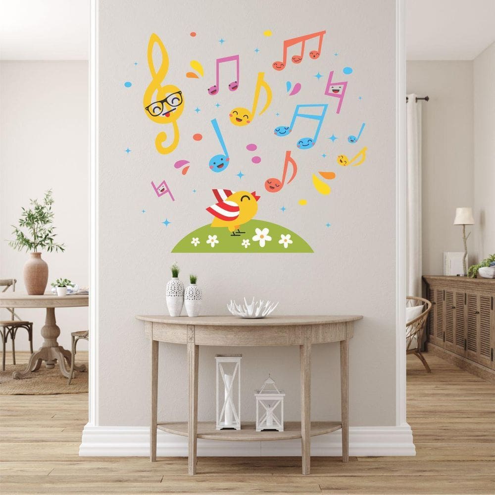Adesivo De Parede Passarinho Cantor E Notas Musicais Kids