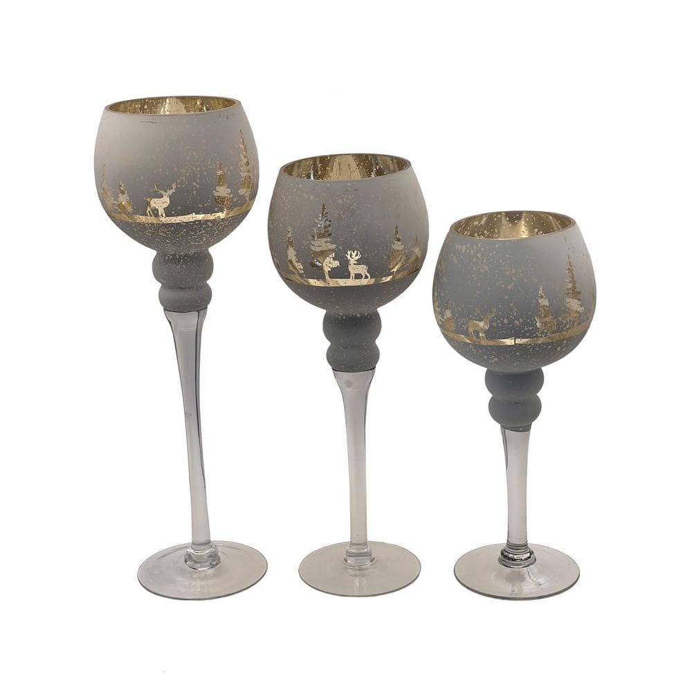 Jogo 3 Castiçais Para Natal Vidro Branco/Gold 25/30/40Cm