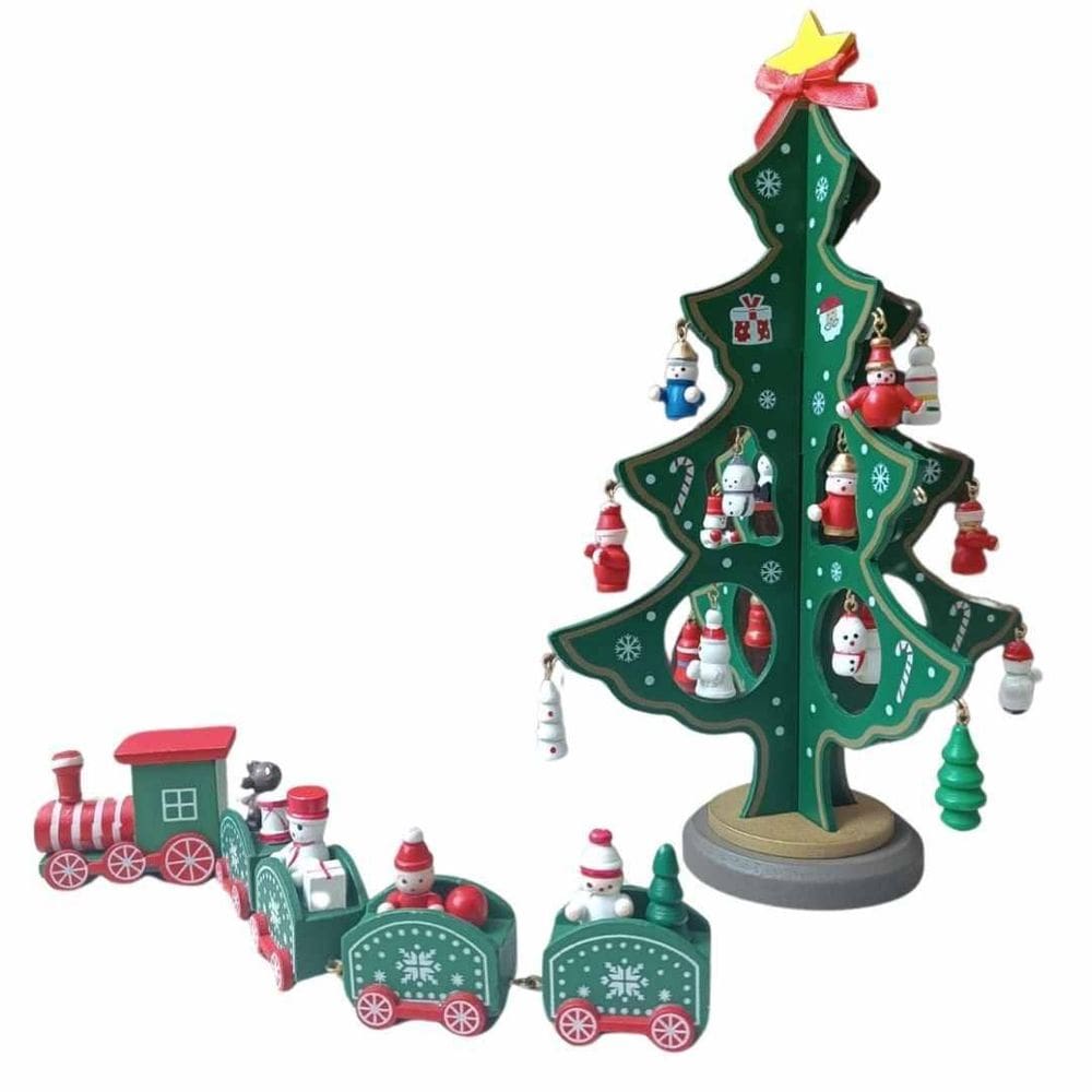 Kit Trem E Árvore De Natal Madeira Enfeite Decora Natalina