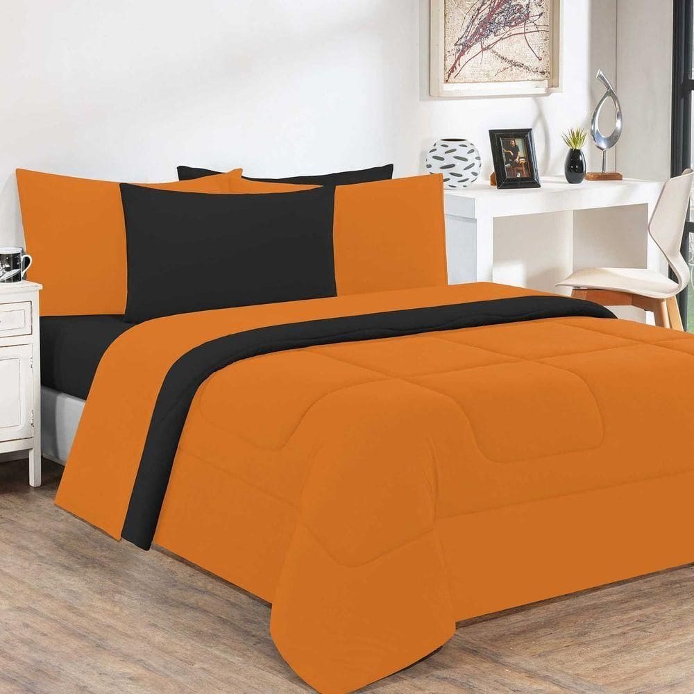 Kit Edredom + Jogo De Lençol 100% Algodão Gran Moratta 7 Peças King Laranja preto