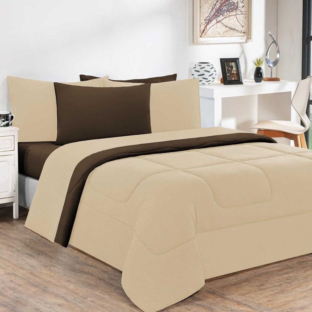Kit Edredom + Jogo De Lençol 100% Algodão Gran Moratta 7 Peças King Palha marrom