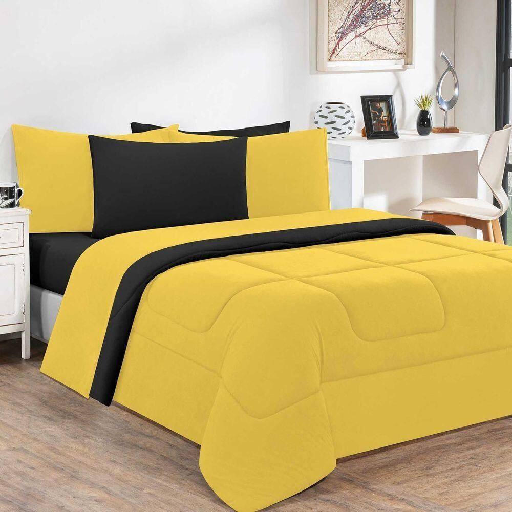 Kit Edredom + Jogo De Lençol 100% Algodão Gran Moratta 7 Peças Queen Amarelo-preto