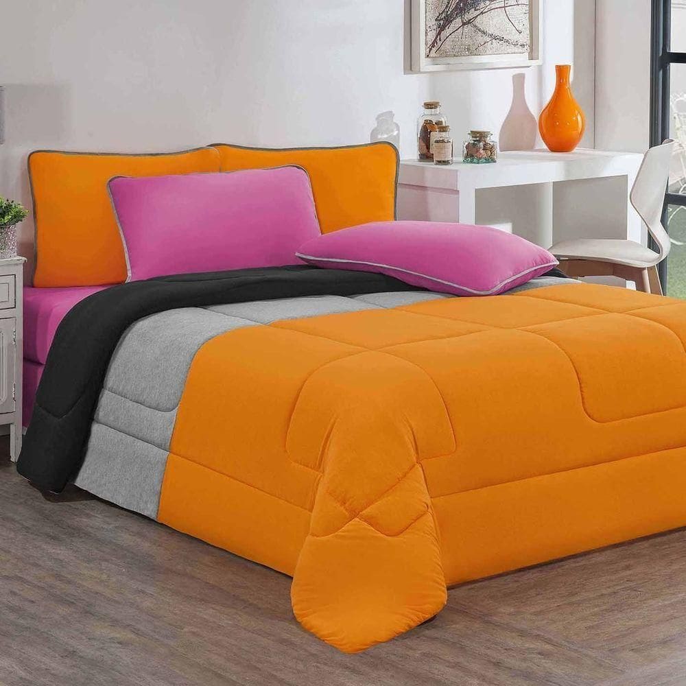 Kit Edredom + Jogo De Lençol 100% Algodão Urbano 7 Peças King Laranja-mescla-pink