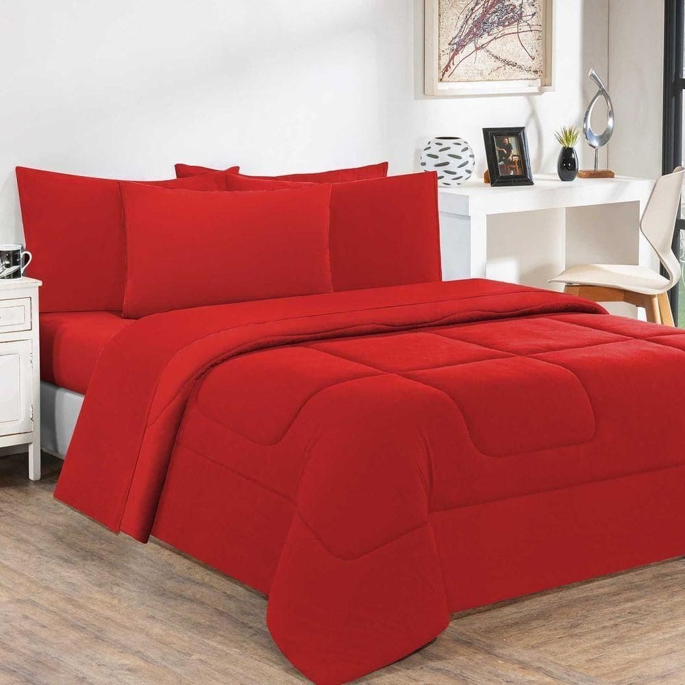Kit Edredom + Jogo De Lençol 100% Algodão Gran Moratta 7 Peças Queen Vermelho-vermelho