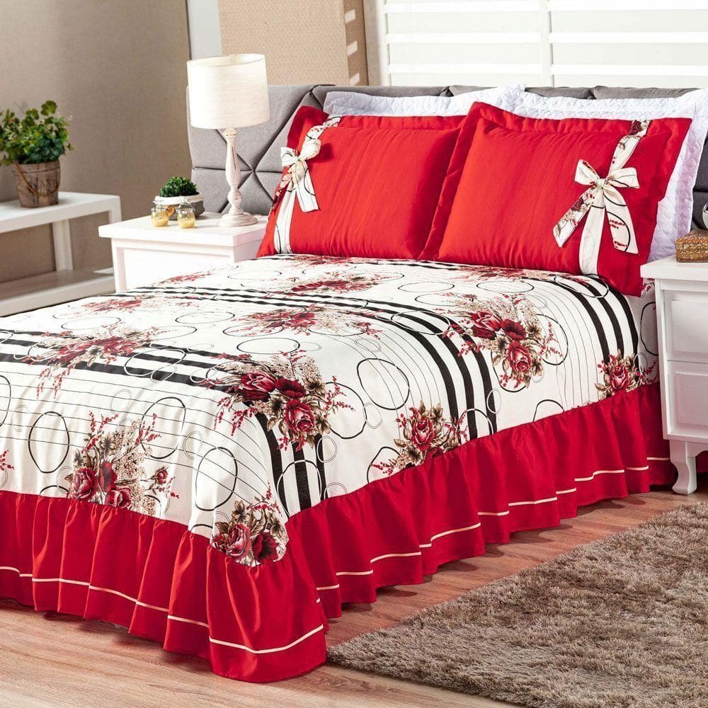 Cobre Leito Isabela Casal 3 Pecas - Floral Vermelho/preto