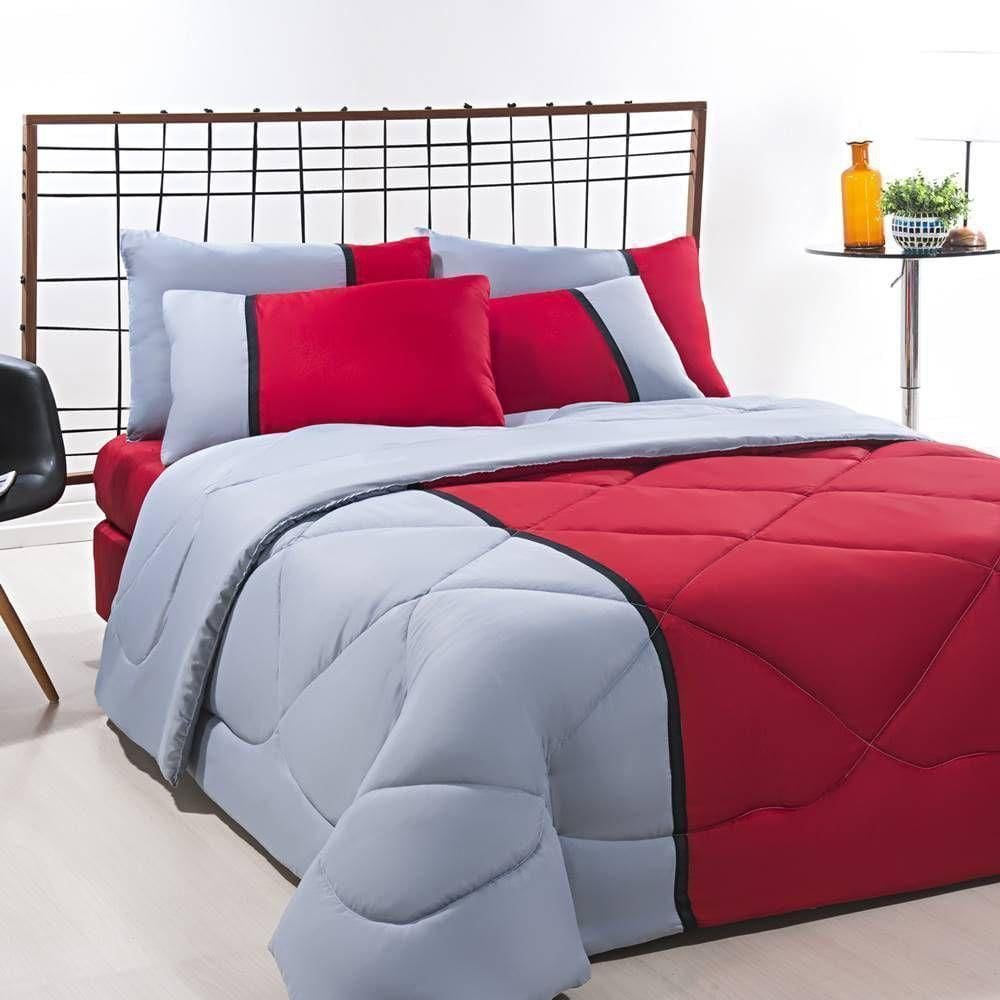 Enxoval Edredom + Jogo De Cama Queen Aconchego Premium 06 Peças - Vermelho- Cinza