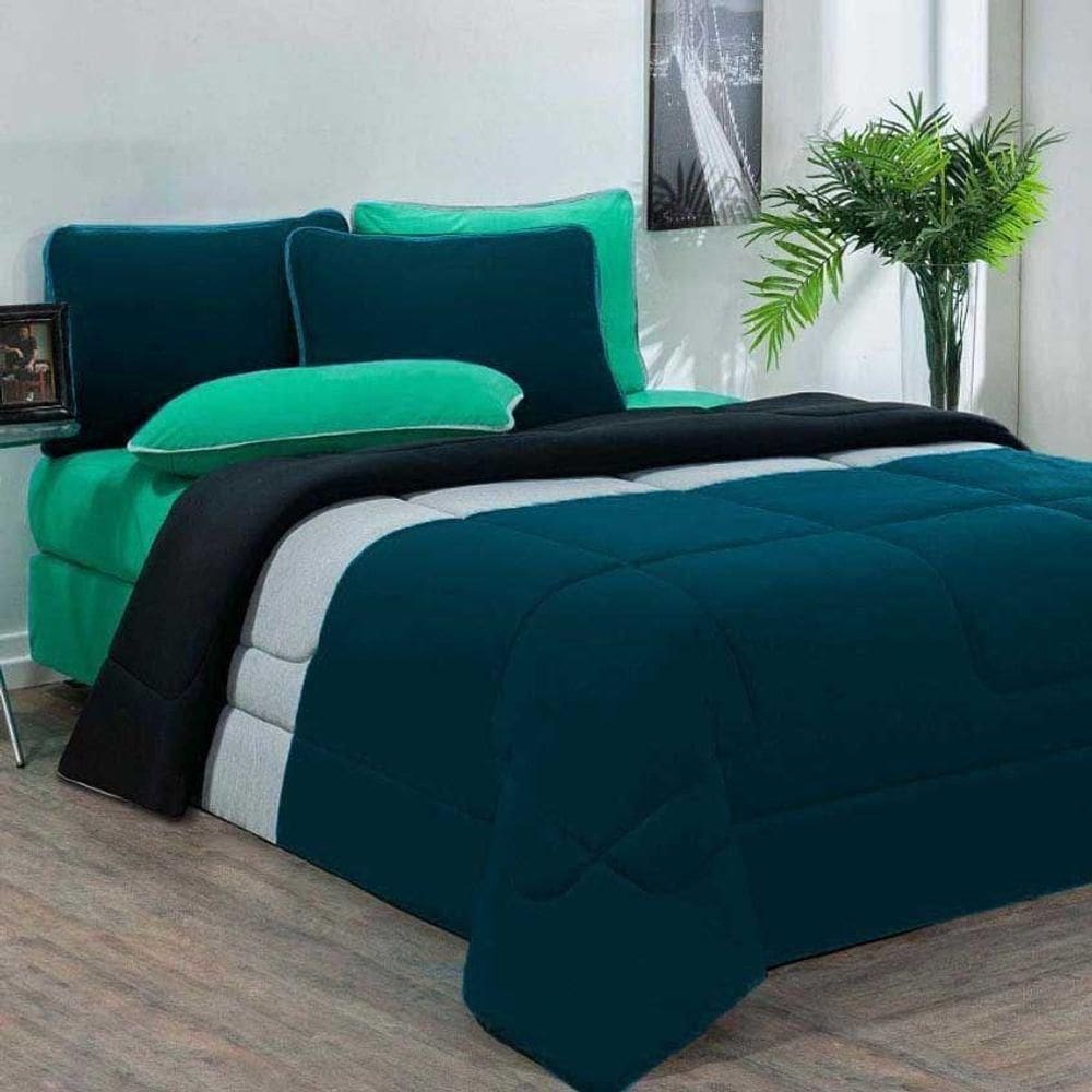 Kit Edredom + Jogo De Lençol 100% Algodão Urbano 5 Peças Solteiro Azul Petroleo-mescla-verde Jade