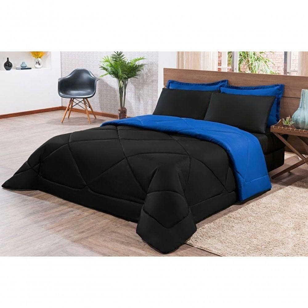 Kit Edredom + Jogo De Lençol Aconchego Look House Dupla Face Solteiro 04 Peças - Preto- Azul